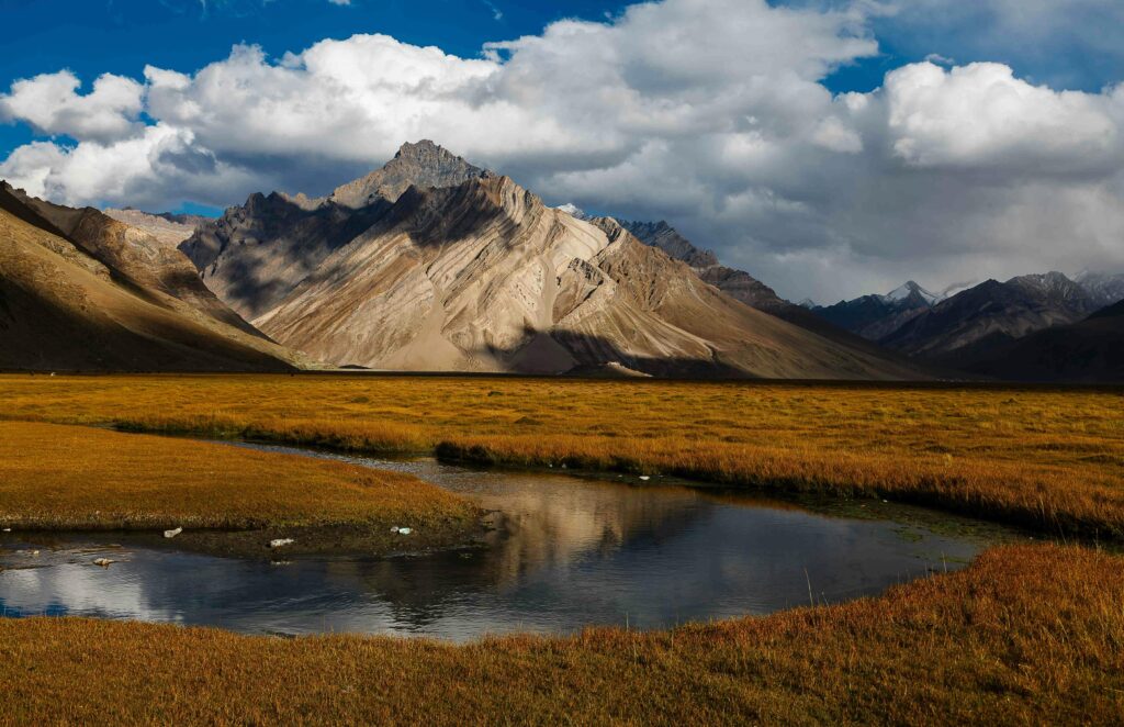 Stunning landscape of Rangdum with mountains and a lake under a cloudy sky.